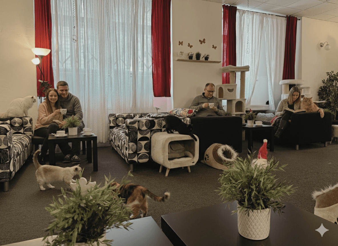 Kočka odpočívá v kavárně